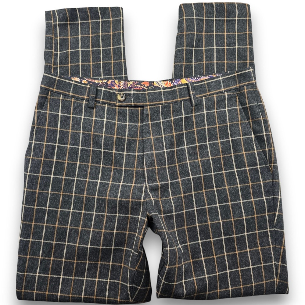 Paisley Gray Men 32x29 Slim Fit Plaid Dress Pants Charcoal Grey Rayon Stretch